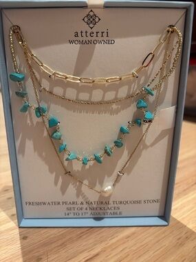 NIB Atterri gold, Turquoise & Freshwater Pearl Layered Necklace Set